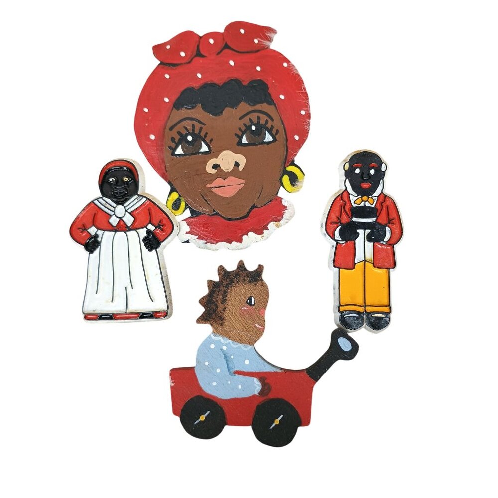Vintage African American Folk Art Wooden Magnets Lot Of 4‎ Hand-Painted